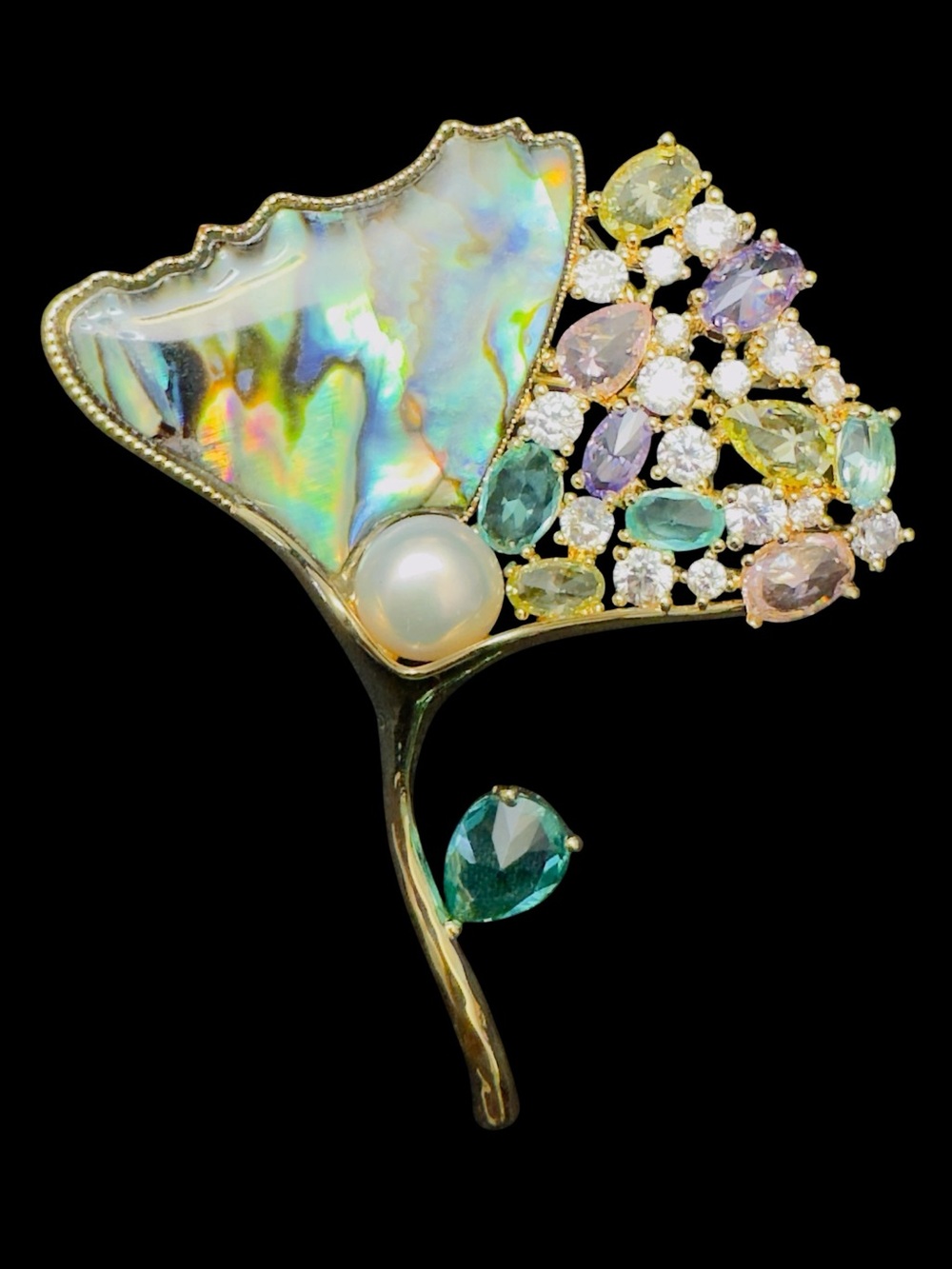 Gold Multicolor Abalone & Pearl Floral Brooch - Women Jewelry